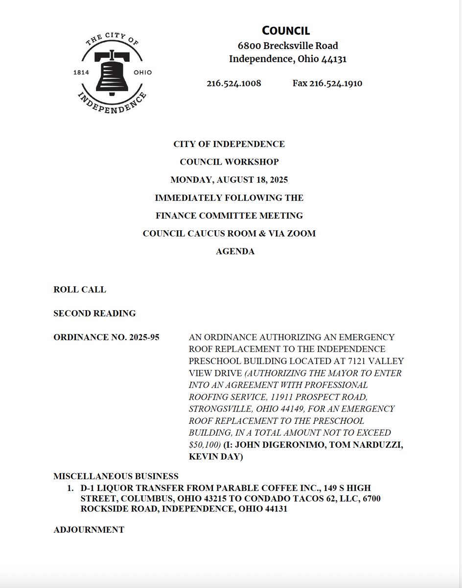 City Council will meet in workshop session to consider items on the attached agenda.