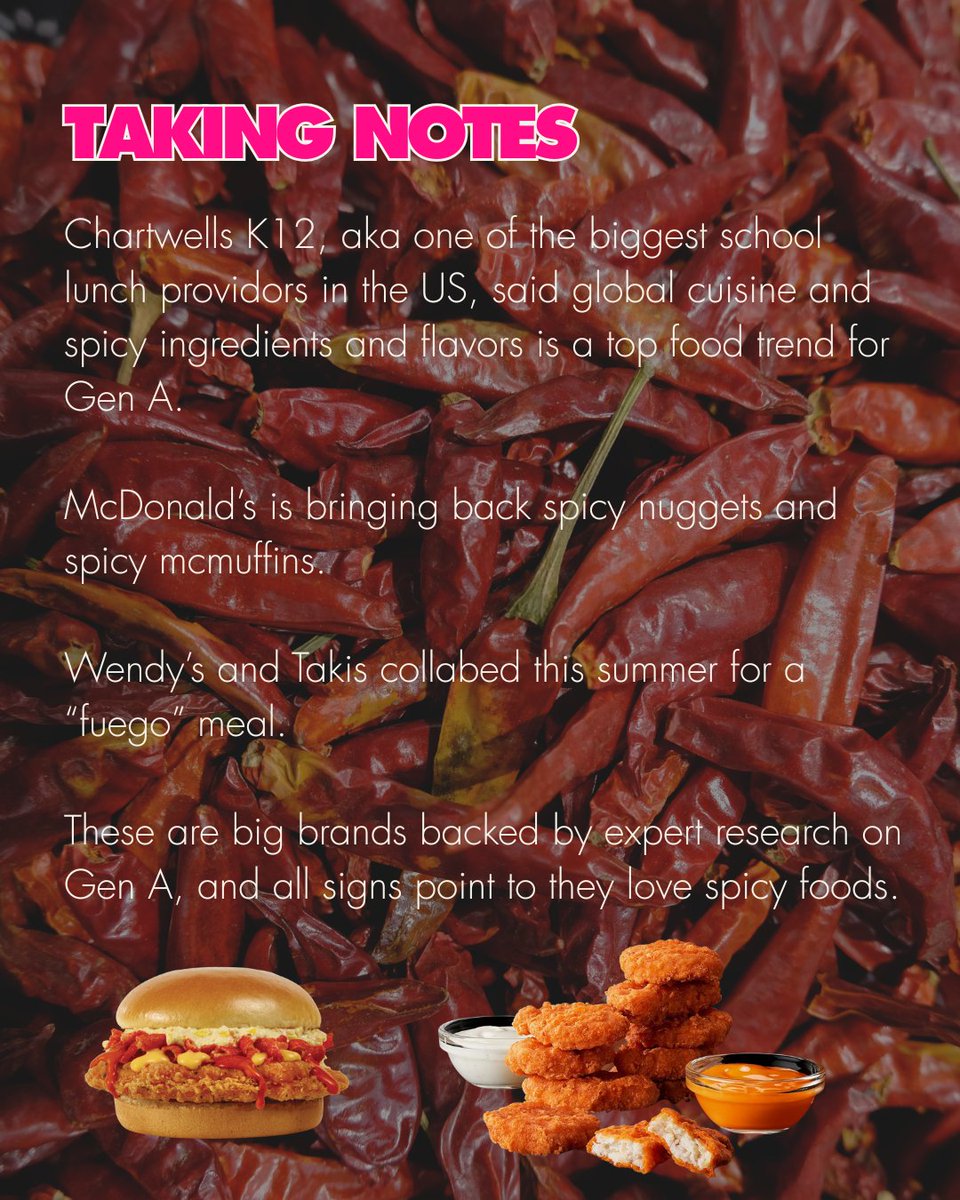 thegenahead's tweet photo. 🔥 Gen A isn’t just turning up the heat, they crave it. 

They’re growing up in a high-stim, fast-scroll world. Spicy food gives them a rush, a dare, and a shared language — all in one bite.

Gen A isn’t afraid of a little fire.... swipe to read our take https://t.co/AKLK0D4qTL