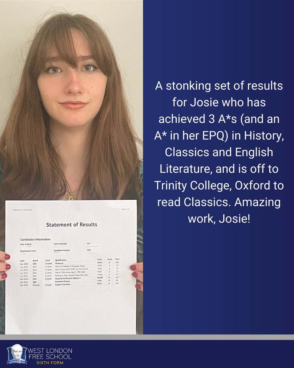 West London Free School Sixth Form (@wlfs_sixth_form) on Twitter photo Well done Josie for your superb result! We hope you enjoy your continued studies at <a href="/TrinityOxford/">Trinity College</a>! #WLFSresults Well done Josie for your superb result! We hope you enjoy your continued studies at <a href="/TrinityOxford/">Trinity College</a>! #WLFSresults