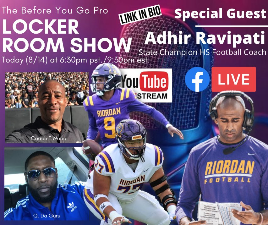 The Season’s right around the corner. 
So you know we’re digging our heels in tonight. 

Join us as we host one of the best HS Football Coaches on the West Coast. 
State Champion and the man pumping out D1 recruits left and right. <a href="/RiordanHS/">Riordan High School</a> Head Coach <a href="/CoachAdhir/">Adhir Ravipati</a> 

It’s going