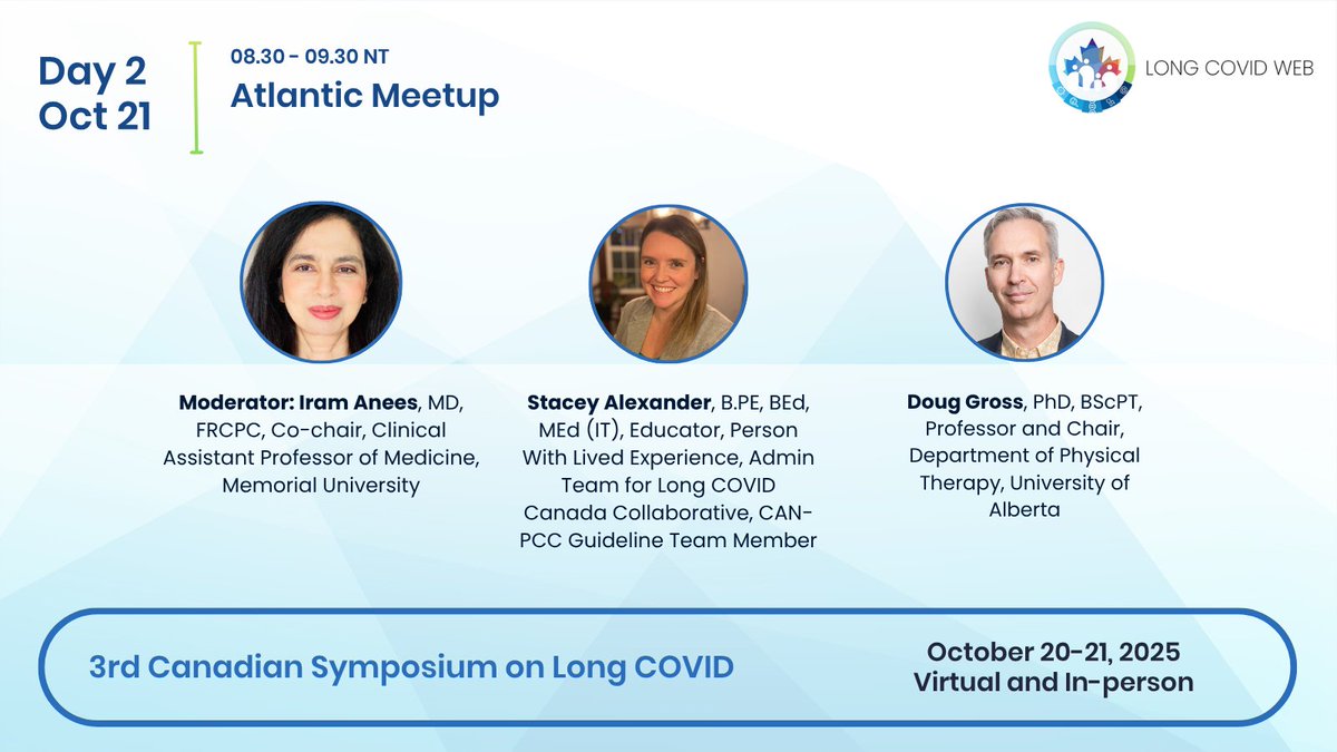 Long COVID Web (@longcovidwebca) on Twitter photo Speakers announced! Attend the Atlantic <a href="/Meetup/">Meetup</a> at the 3rd Canadian Symposium on #LongCOVID and hear the latest research and advocacy updates from <a href="/IramAnees1/">Iram Anees</a>, Stacey Alexander, and <a href="/DP_Gross/">Douglas Gross</a>.
Date: Oct 21, 8:30–9:30 AM NT
Register: bit.ly/43YYF3I
#LCWSymposium Speakers announced! Attend the Atlantic <a href="/Meetup/">Meetup</a> at the 3rd Canadian Symposium on #LongCOVID and hear the latest research and advocacy updates from <a href="/IramAnees1/">Iram Anees</a>, Stacey Alexander, and <a href="/DP_Gross/">Douglas Gross</a>.
Date: Oct 21, 8:30–9:30 AM NT
Register: bit.ly/43YYF3I
#LCWSymposium