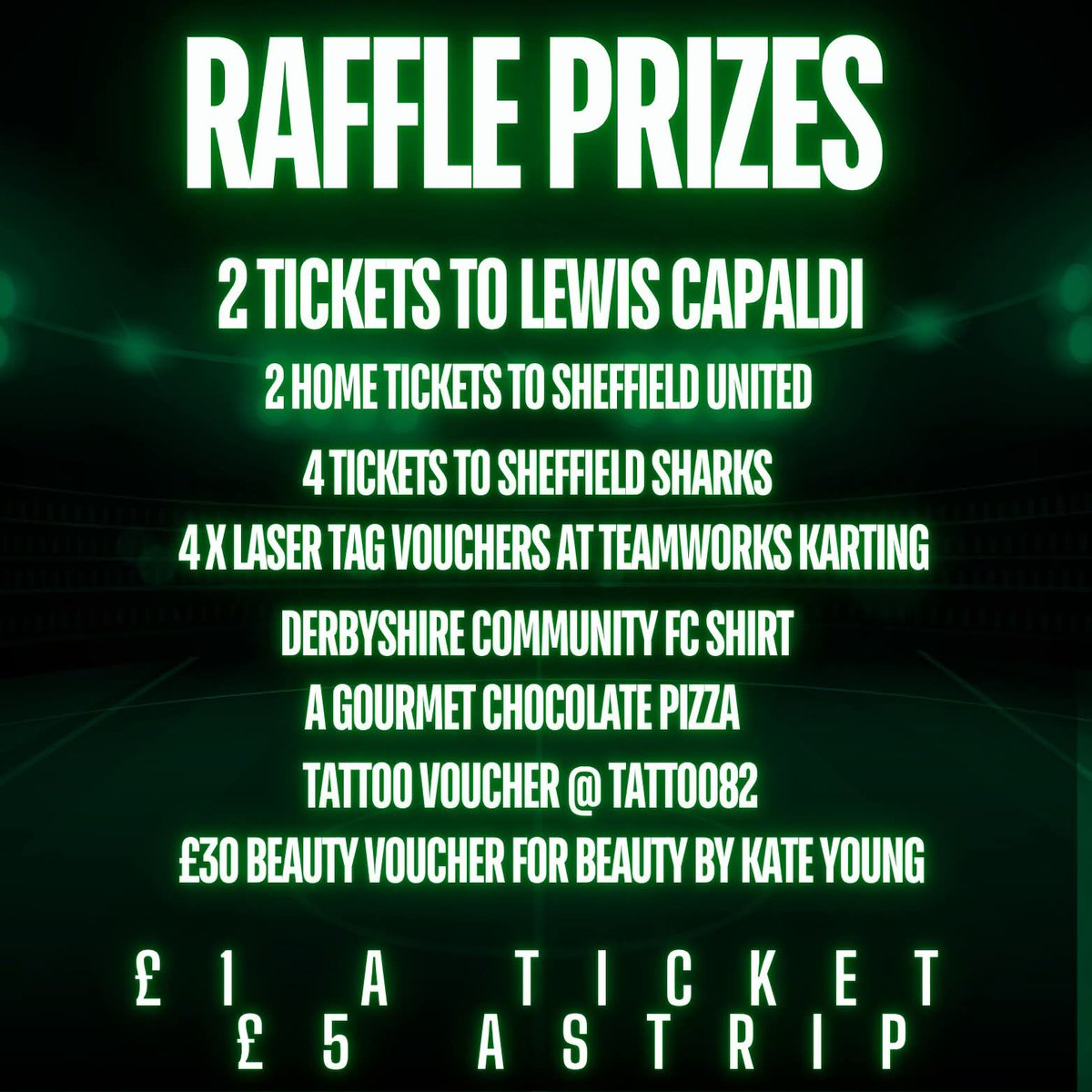 Derbyshire Community Football Club (@derbyshirecfc) on Twitter photo Fancy doubling your chances at winning our raffle this weekend? Well here it is!
Anyone who buys a strip between and Sunday gets a strip free. Tickets are £1 each or £5 for a strip with the prizes below up for grabs.
Comment your interest and we can get your numbers to you! Fancy doubling your chances at winning our raffle this weekend? Well here it is!
Anyone who buys a strip between and Sunday gets a strip free. Tickets are £1 each or £5 for a strip with the prizes below up for grabs.
Comment your interest and we can get your numbers to you!