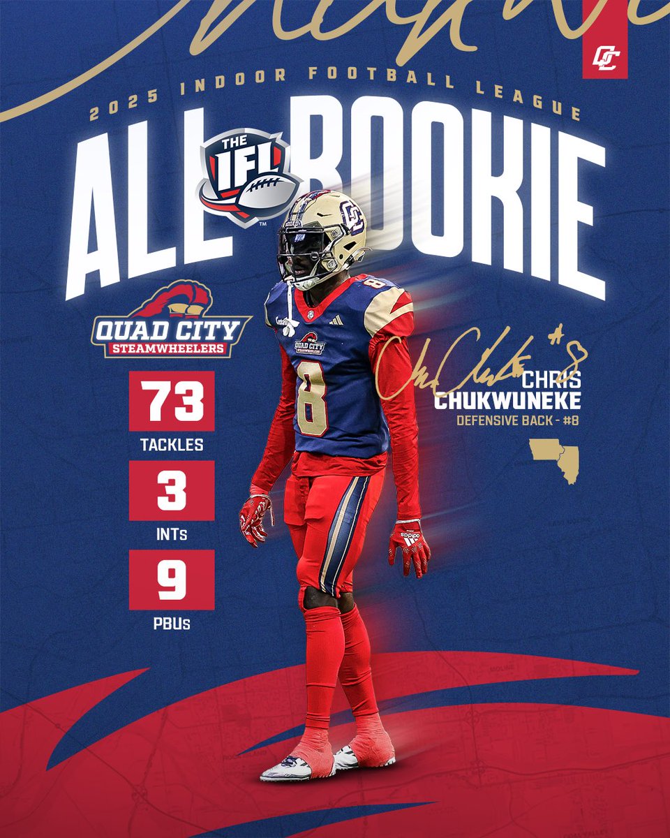 Push the limit! 🕺🏾

Chris Chukwuneke - 2025 IFL All-Rookie Team Member
17 games played
- 78.5 tackles
- three TFL
- three interceptions
- nine PBUs

#sQUADCITY | #EarnYourStacks