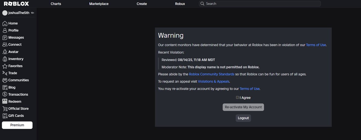my Roblox Account joshuaThe5th was just WARNED for having the