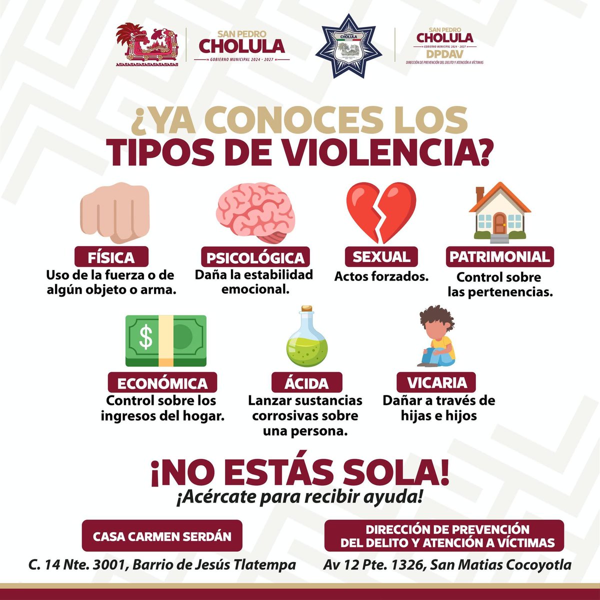 🧡 En San Pedro Cholula queremos que niñas y mujeres vivan libres de violencia.

🔄 Romper el ciclo empieza por detectarlo.

👮🏻‍♀️Si tú o alguien que conoces está en riesgo, acude a la Dirección de Prevención del Delito.

#CholulaSinViolencia