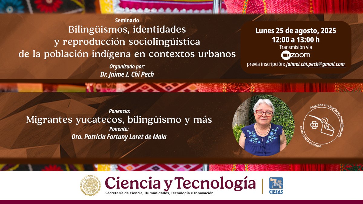 Sé parte de la ponencia 🗣️«Migrantes yucatecos, bilingüismo y más», actividad que se da en el marco del #SeminarioBilingüismos.
🎙 Con Patricia Fortuny (<a href="/ciesaspeninsula/">CIESAS Peninsular</a> )
✉️Enlace vía correo: jaimei.chi.pech@gmail.com
🌐goo.su/guGmUS