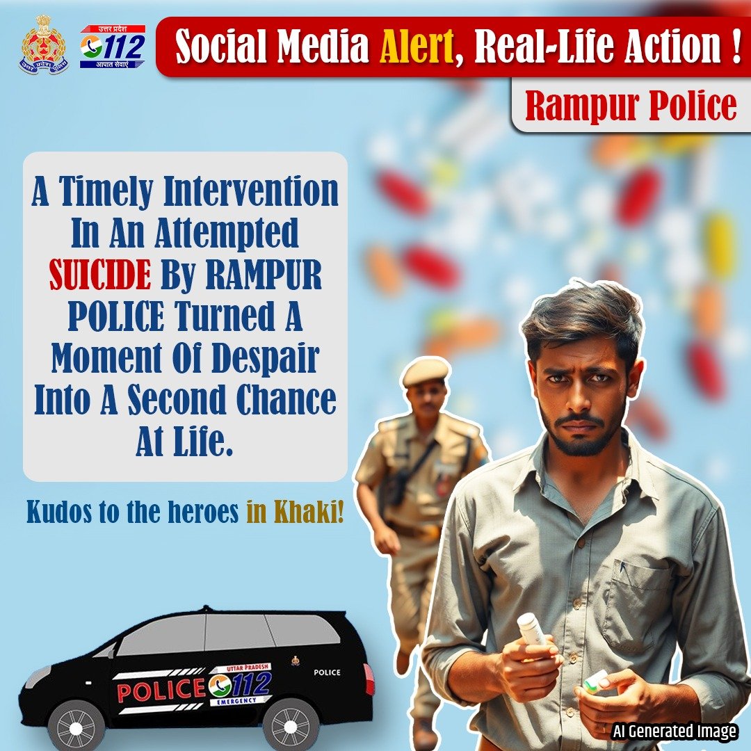 Uppolice's tweet photo. 10 मिनट का मिशन — जीवन की ओर वापसी

रामपुर निवासी 22 वर्षीय युवक ने इंस्टाग्राम पर आत्महत्या से जुड़ा एक बेहद चिंताजनक पोस्ट साझा किया। 07:44 AM पर, यह अलर्ट @Meta द्वारा #UPPolice सोशल मीडिया सेंटर को प्राप्त हुआ। टीम ने तुरंत लोकेशन ट्रेस कर @rampurpolice को सूचित किया।

सिर्फ 10 मिनट में, थाना शाहाबाद पुलिस युवक के घर पहुँची एवं परिजनों के सहयोग से युवक का घरेलू प्राथमिक उपचार किया गया।

यह त्वरित और जीवनरक्षक प्रयास @Uppolice – @Meta साझेदारी का प्रत्यक्ष परिणाम है, जिसके अंतर्गत अब तक 1,261 लोगों की जान बचाई जा चुकी है।

#UPPCares #DigitalSentinels #EveryLifeMatters