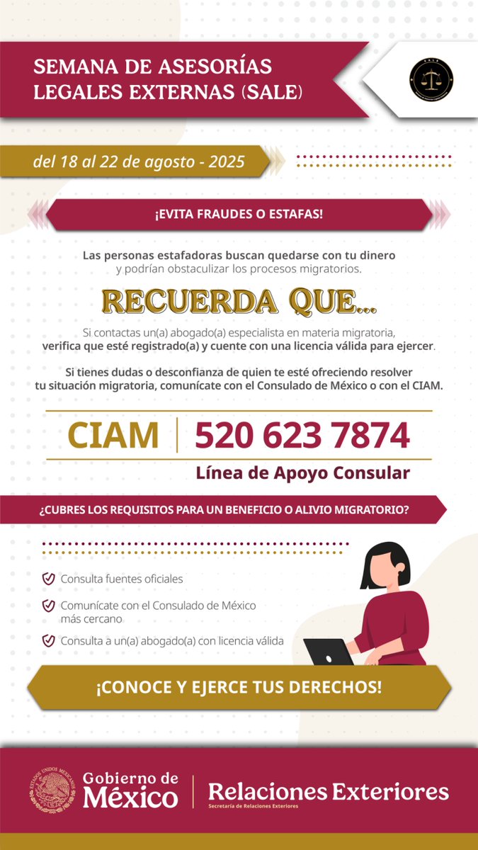 ConsulMexTuc's tweet image. ¡EVITA FRAUDES O ESTAFAS!🚨

Acércate a tu consulado 🇲🇽 para recibir información de fidedigna sobre tramites migratorios. ¡Somos un espacio seguro para ti y los tuyos!

Recibe orientaición 24/7 en el #CIAM al📞 (520) 623 - 7874.

#EstamosContigo #NoTeDejesEngañar @SRE_mx