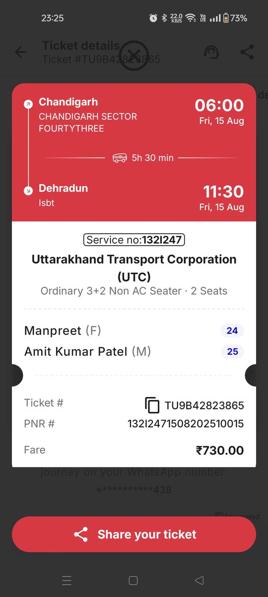 Secretdeepika's tweet photo. @redBus_in 
Hi RedBus, 
I've booked the bus show in the screenshot. My bus is in the early morning but I don't have the bus number, exact boarding point (it just says sector 43, Chandigarh), and the bus driver or conductor number. Please look into this and provide the details. https://t.co/KdERWSen4h