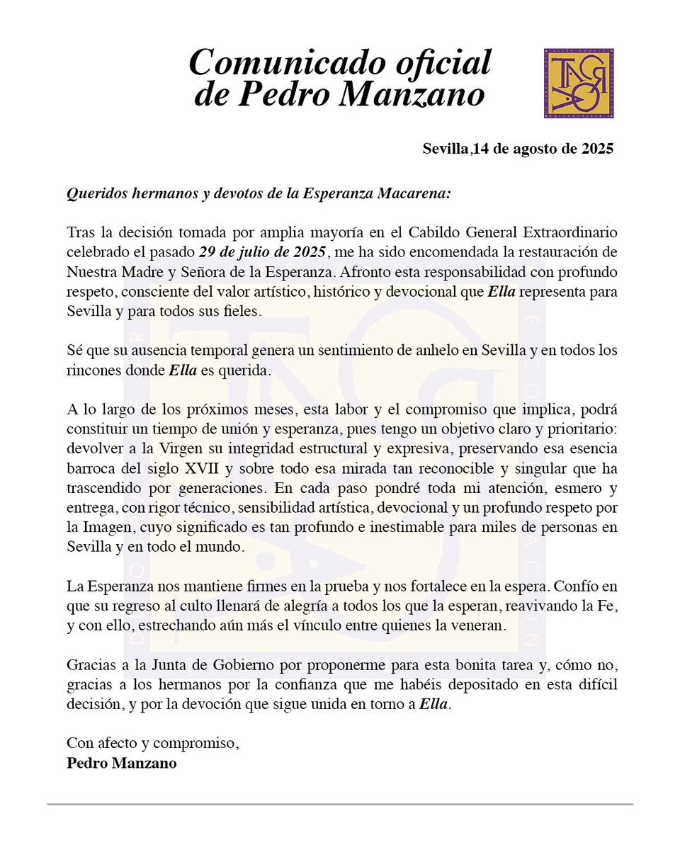 Hermandad de la Macarena (@hdad_macarena) on Twitter photo Compartimos con nuestros hermanos y con los devotos de la Virgen de la Esperanza la carta abierta escrita por Pedro Manzano Beltrán <a href="/pedro_manzano_/">Pedro Manzano</a> una vez iniciado el proceso de restauración de la Sagrada Imagen de María Santísima de la Esperanza Macarena.
#EsperanzaMacarena Compartimos con nuestros hermanos y con los devotos de la Virgen de la Esperanza la carta abierta escrita por Pedro Manzano Beltrán <a href="/pedro_manzano_/">Pedro Manzano</a> una vez iniciado el proceso de restauración de la Sagrada Imagen de María Santísima de la Esperanza Macarena.
#EsperanzaMacarena