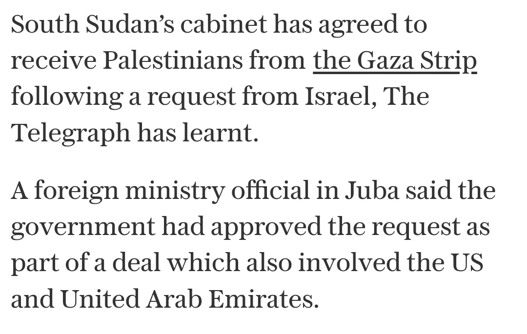 بحسب صحيفة "التليجراف" البريطانية، تشارك دولة عربية، إلى جانب إسرائيل والولايات المتحدة، في مفاوضات مع دولة جنوب السودان لنقل جزء من الفلسطينيين من سكان قطاع غزة إليها، على أن تتولى هذه الدولة العربية توفير التمويل اللازم لتنفيذ الخطة.