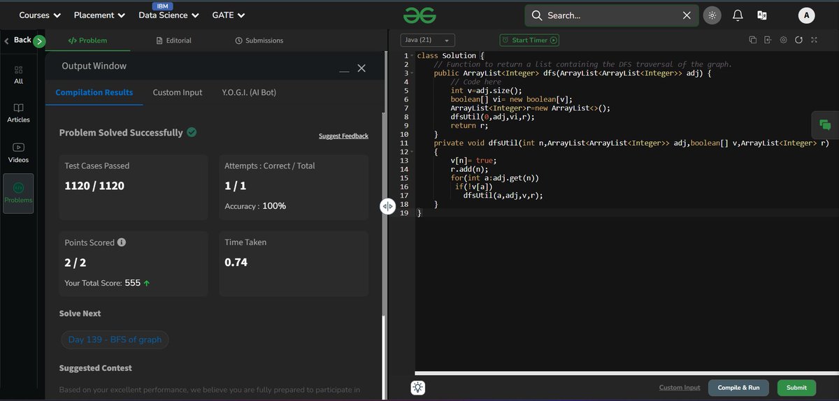arup_jy's tweet photo. Day 138 
 Implemented DFS Traversal for a connected undirected graph

Start from vertex 0, visit depth-first, follow adjacency list order exactly.
Recursive approach + visited[] to avoid cycles 🔄
#Java #DSA #GraphAlgorithms #gfg160 #geekstreak2025 https://t.co/E1onKbY9tE