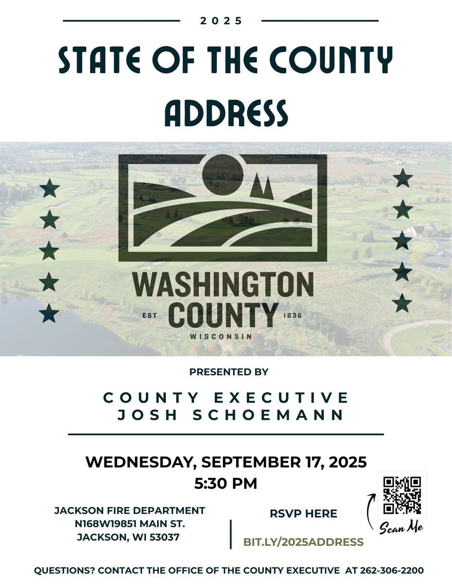 📢 You’re invited! Join County Executive Josh Schoemann for the 2025 State of the County Address on Wednesday, September 17th at the Village Jackson Fire Department.

📅 Begins at 5:30 PM
📍 Jackson Fire Department
🔗 RSVP: bit.ly/2025address

We hope to see you there! ✨