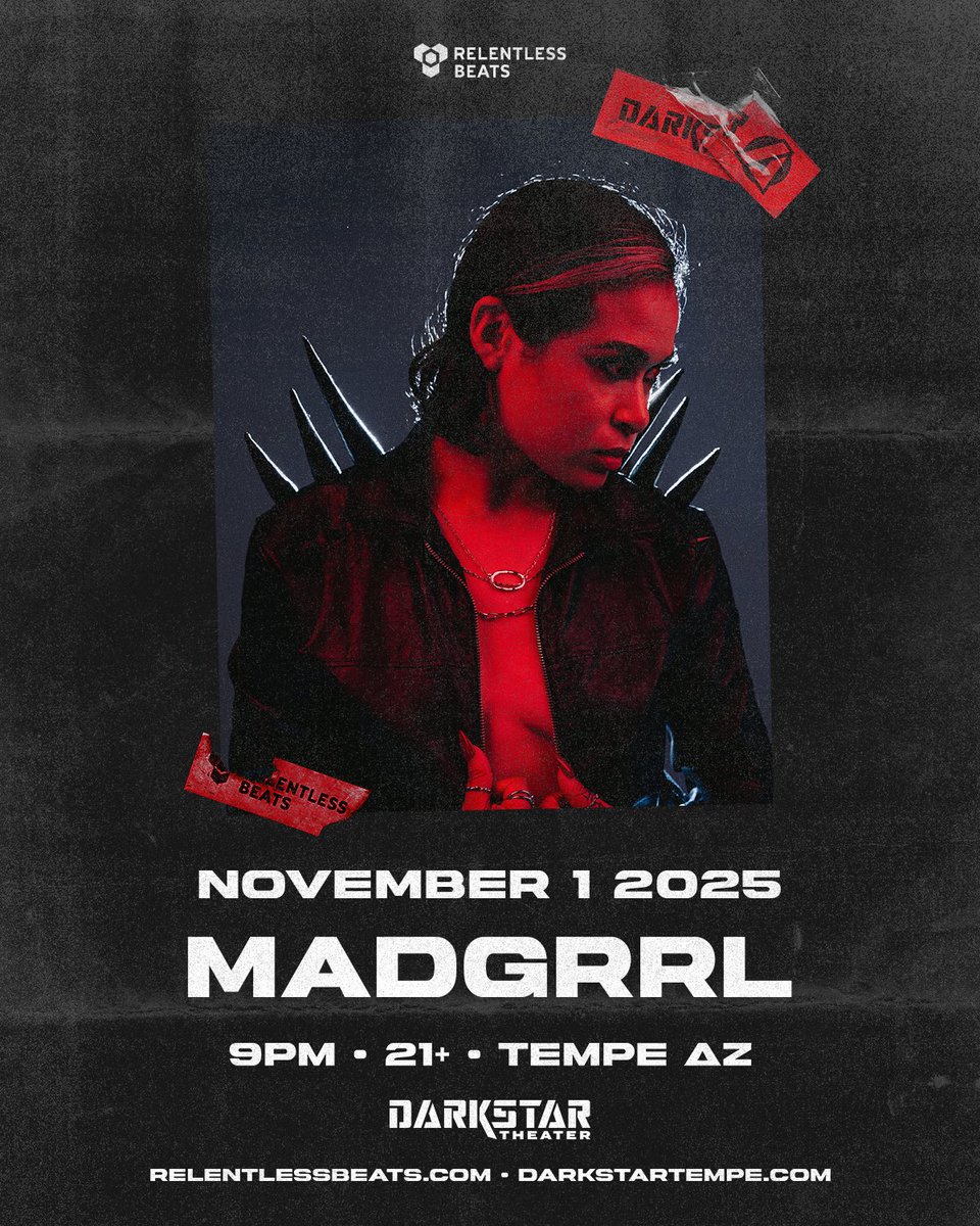 RelentlessBeats's tweet photo. #JustAnnounced: @MADGRRLmusic is unleashing her high-energy, bass-fueled techno chaos at Darkstar on November 1 🔊
Tickets are on sale now → https://t.co/wn1ryXQM8j 🎟️
#Madgrrl #Darkstar #RelentlessBeats https://t.co/rQyVRfAMS2
