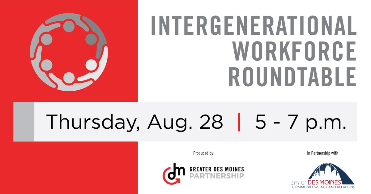 DSMpartnership (@dsmpartnership) on Twitter photo Small businesses thrive when team members of all ages feel valued and engaged. That’s why The Partnership, in collaboration with <a href="/DesMoinesGov/">City of Des Moines</a> Community Impact & Relations, is hosting an Intergenerational Workforce Roundtable on Aug. 28.
Register now: ow.ly/SzVO50WFnCp Small businesses thrive when team members of all ages feel valued and engaged. That’s why The Partnership, in collaboration with <a href="/DesMoinesGov/">City of Des Moines</a> Community Impact & Relations, is hosting an Intergenerational Workforce Roundtable on Aug. 28.
Register now: ow.ly/SzVO50WFnCp