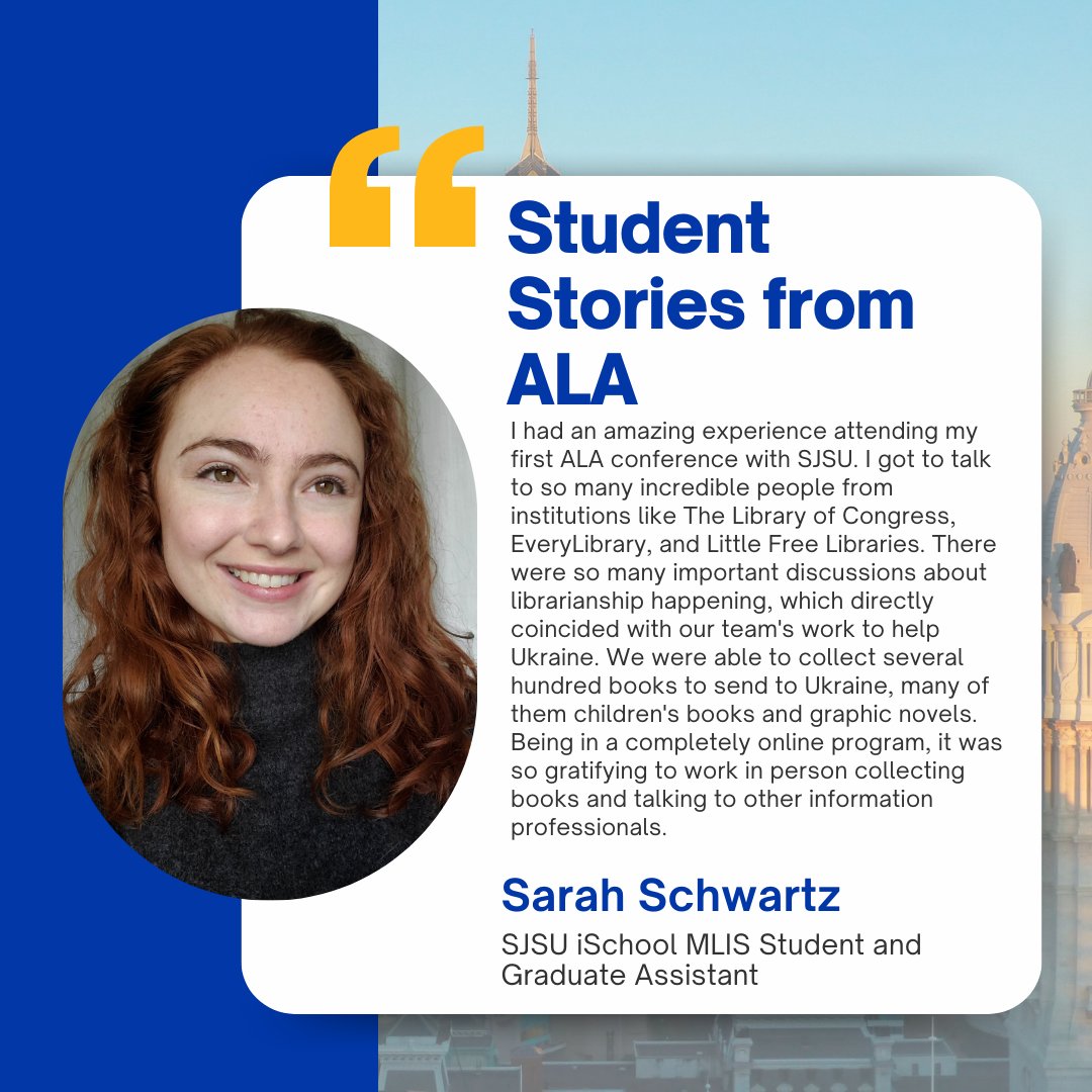 SJSUiSchool's tweet photo. SJSU iSchool MLIS student and Graduate Assistant Sarah Schwartz attended her first #ALA25, connecting with library leaders and helping collect hundreds of books, many for children, to send to Ukraine. 📚🌍 #SJSUiSchool https://t.co/wnmhFqOZop