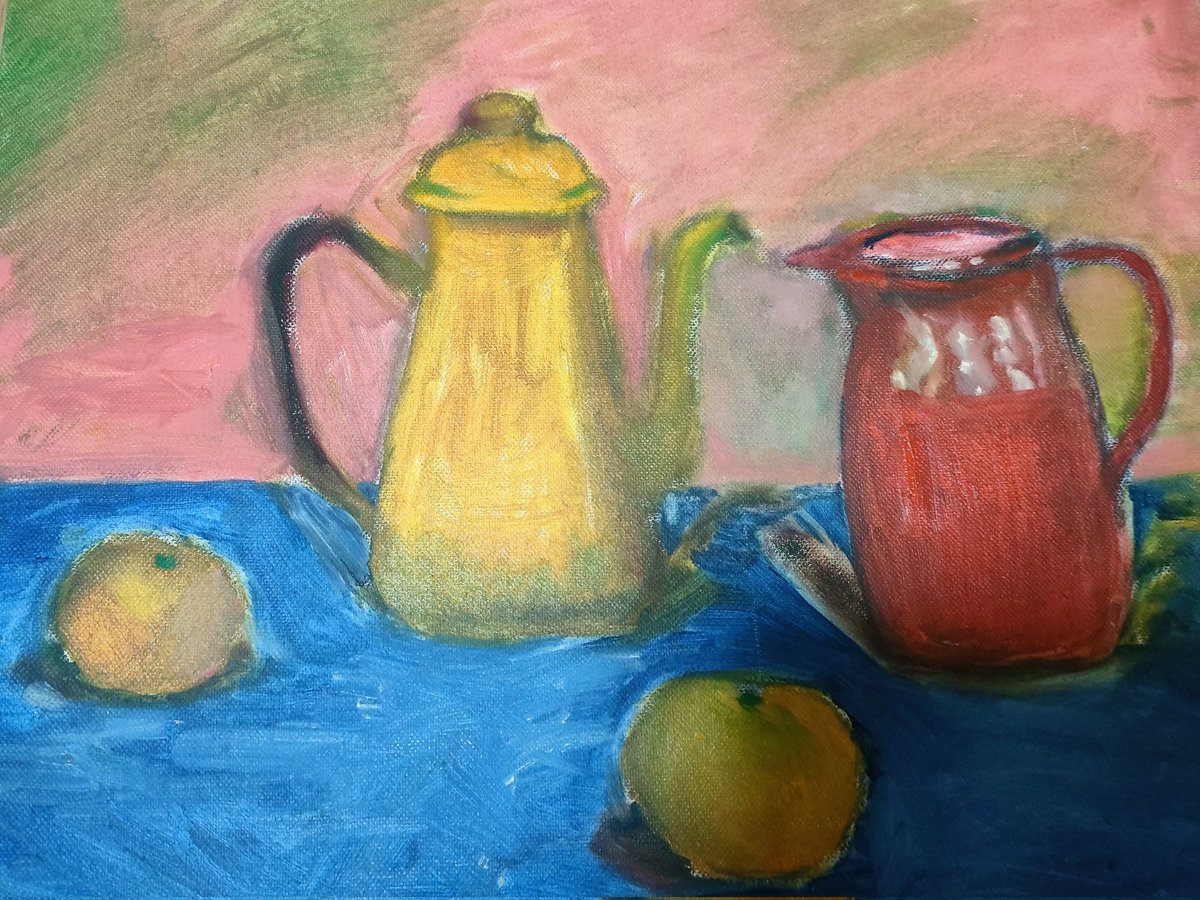 orizurusan8's tweet photo. 私の描いた初めての油絵です。
静物画　「ケトルとみかん」
Copyright©️2025 〜orizurusan8 https://t.co/5Gftr2Jhir