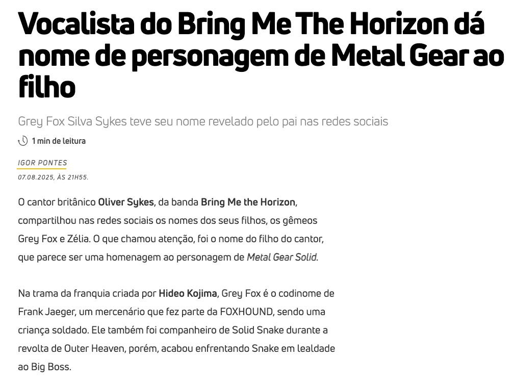Comecei lendo a reportagem achando que seria Hal Emmerich Otacon Huey da Silva...me frustrei. Justo Grey Fox??? <a href="/Metalgear/">METAL GEAR OFFICIAL</a> #MetalGearSolid