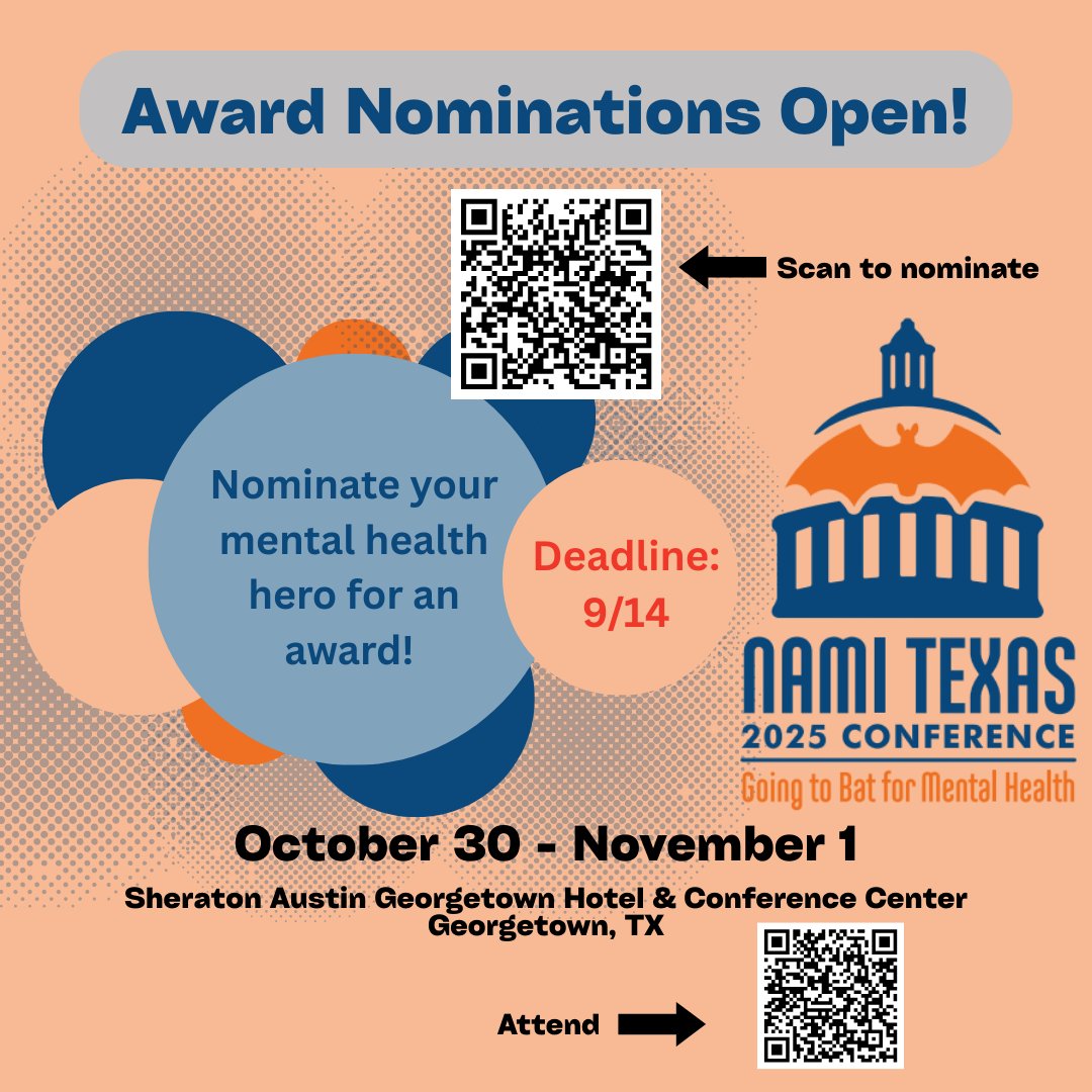 🏆Nominate your #MentalHealth 🦸‍♂️ hero for an award! 🌟 Submit your nominations here: ow.ly/ngCA50WGaC0
🚨Deadline: September 14, 2025.
 👉For more information on the NAMI Texas 2025 annual conference, visit: ow.ly/8vrE50WGaE8
#NAMI #Texas #NAMITexas