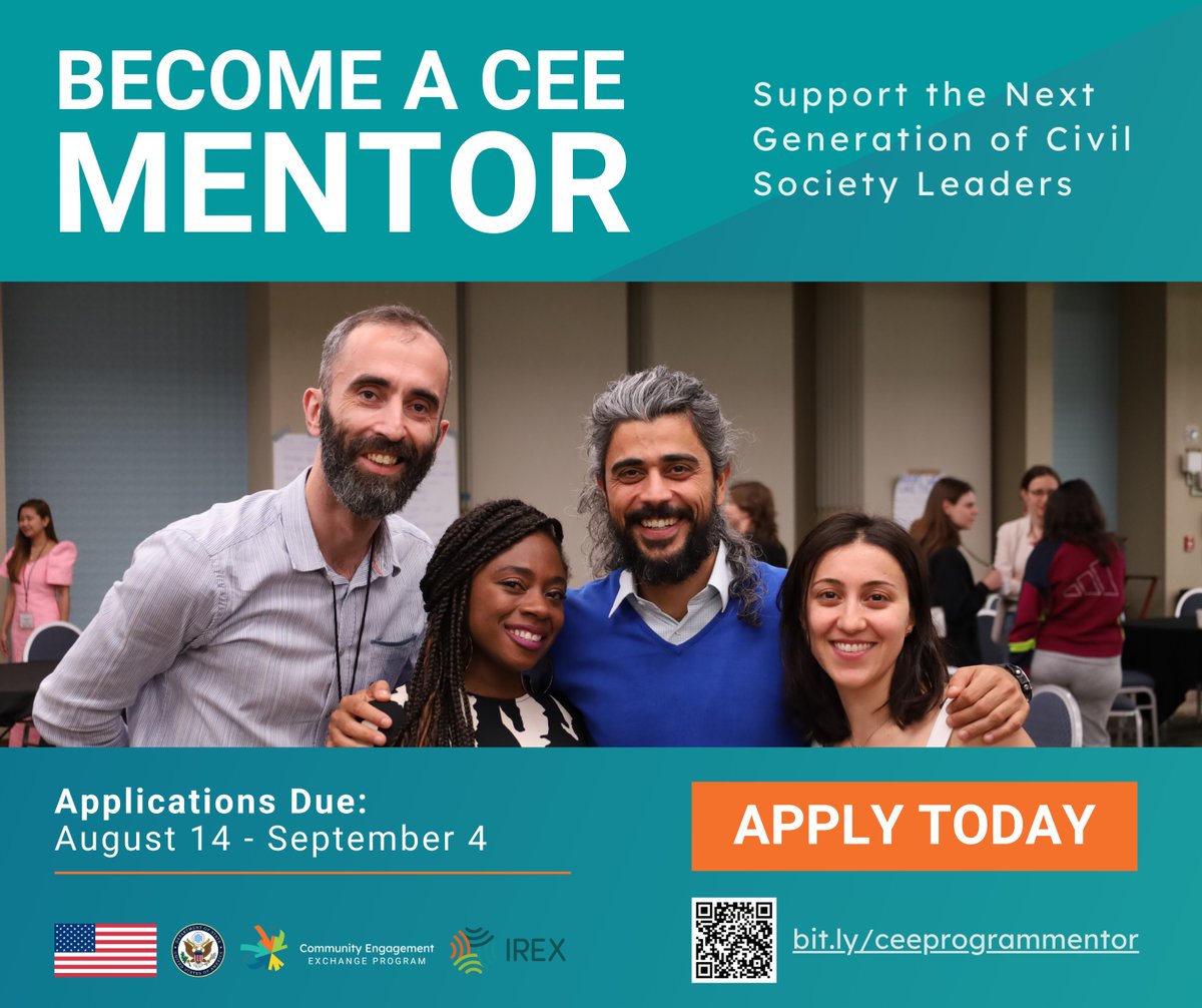 CEEProgram's tweet image. The application to be a 2026 CEE Mentor is open! Build your network, develop as a leader, and support the next generation of CEE Fellows as they complete their U.S. practicum.
Apply today ➡️ bit.ly/ceeprogramment…
#CEE2026 | #ExchangeOurWorld
