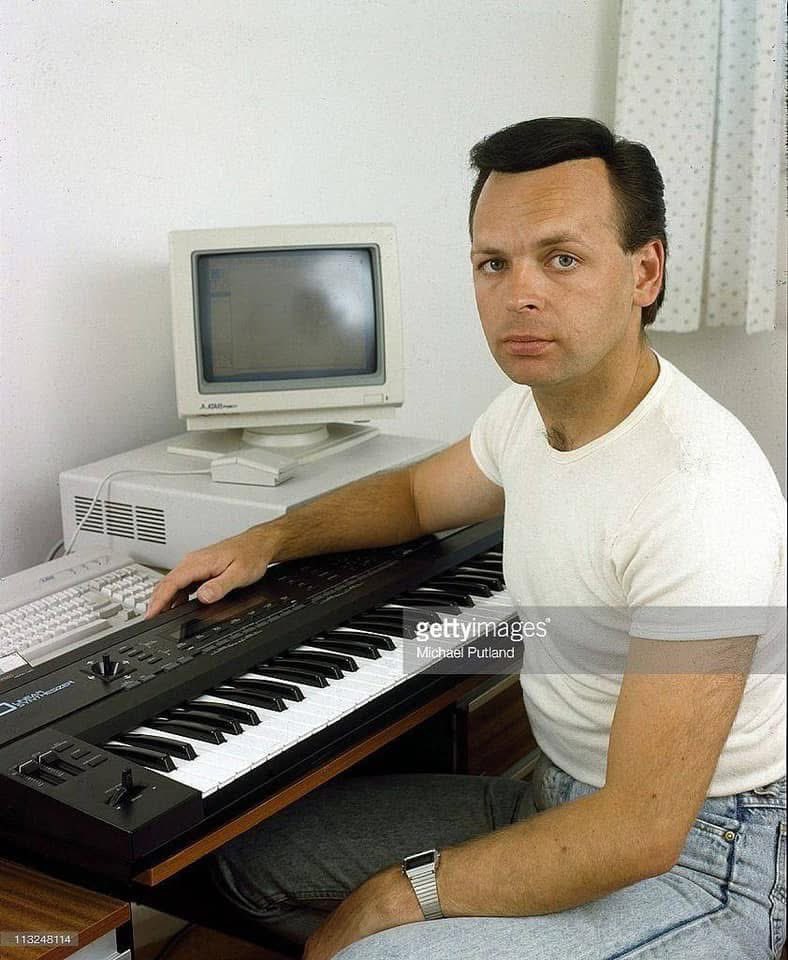 Gary Numan portrait, recording at home, England 1988. He is using a Roland D-50 synthesizer + Atari PC. (Photo by Michael Putland/Getty Images)
