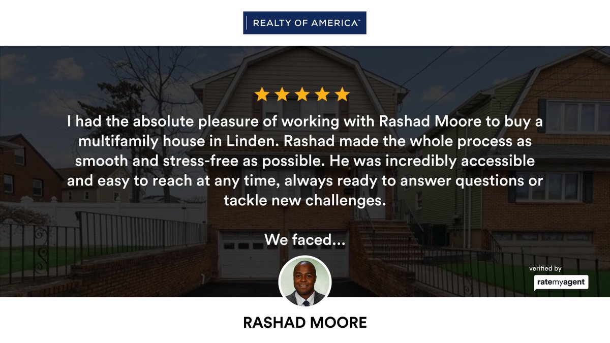 RashadTMoore's tweet photo. My latest RateMyAgent review in Linden.
NJ 0451491
https://t.co/KU9nT6xMRc

...
#ratemyagent #realestate #Realty_of_America_LLC https://t.co/VBrba0SZs0
