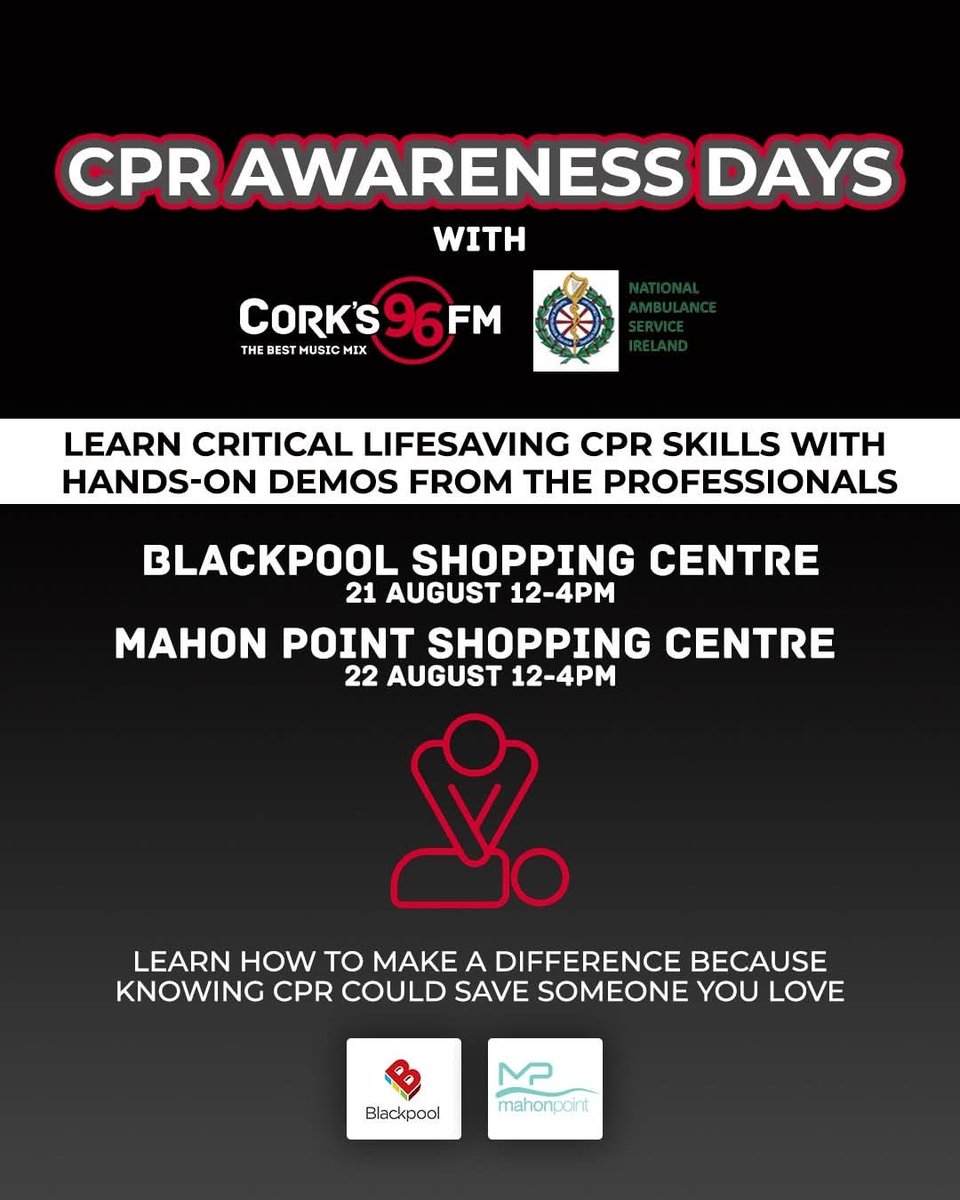 CCFR members are delighted to be involved with Free CPR awareness day - Thurs 21 Aug in Blackpool SC &amp; Fri 22 Aug in Mahon Point SC. Why not pop in and learn some basic life-saving skills. You never know when you might need these skills.. #CPRsaveslife #CheckCallCompressShock 🚑