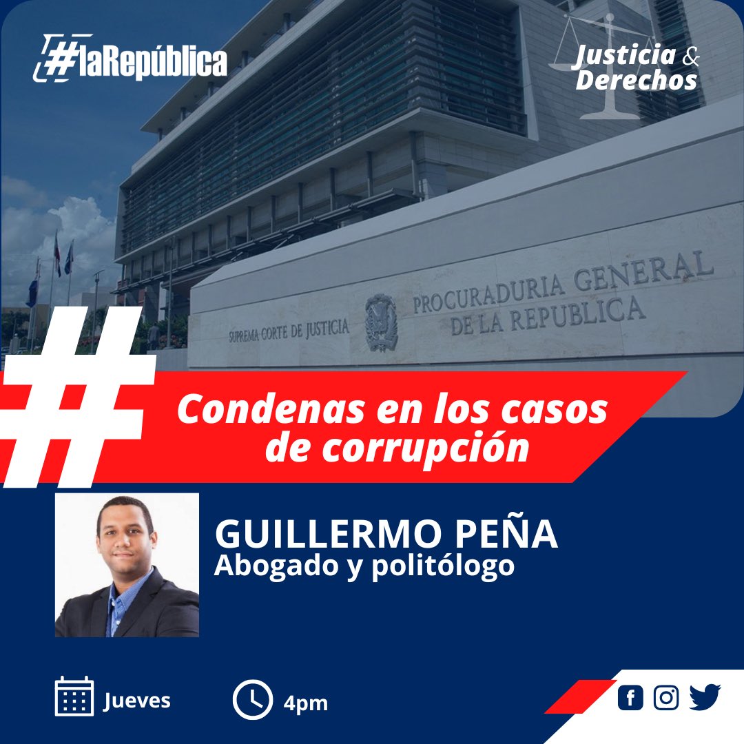 La República Radio (@larepradio) on Twitter photo ‘Condenas en casos de corrupción’, nuestro tema hoy en #LaRepúblicaRadio en nuestro segmento #justiciayderechos con el abogado y politólogo Guillermo Peña.
A partir de las 4pm por La Nota 95.7fm 📻🎙️
<a href="/BaezDerik/">Derik Báez Torres</a> <a href="/RDelgadilllo/">Ramieri Delgadillo Santana | Periodista</a> <a href="/Guillermopca/">Guillermo Peña Capellán</a> ‘Condenas en casos de corrupción’, nuestro tema hoy en #LaRepúblicaRadio en nuestro segmento #justiciayderechos con el abogado y politólogo Guillermo Peña.
A partir de las 4pm por La Nota 95.7fm 📻🎙️
<a href="/BaezDerik/">Derik Báez Torres</a> <a href="/RDelgadilllo/">Ramieri Delgadillo Santana | Periodista</a> <a href="/Guillermopca/">Guillermo Peña Capellán</a>