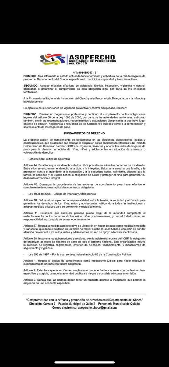 asopercho's tweet photo. ASOPERCHO 🇬🇦 exhorta a las alcaldías municipales y Departamental del Chocó al cumplimiento de los artículos 57 y 58 de la Ley 1098 de 2006 Código de Infancia y Adolescencia sobre la existencia y funcionamiento de los hogares pasó en los territorios. https://t.co/kTYixWhbf5
