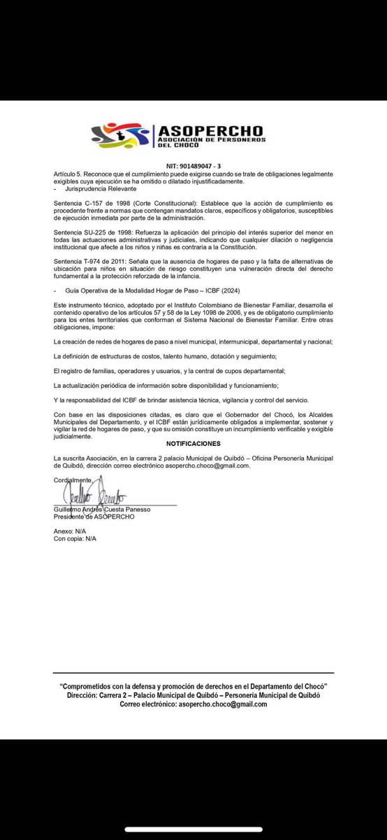 asopercho's tweet photo. ASOPERCHO 🇬🇦 exhorta a las alcaldías municipales y Departamental del Chocó al cumplimiento de los artículos 57 y 58 de la Ley 1098 de 2006 Código de Infancia y Adolescencia sobre la existencia y funcionamiento de los hogares pasó en los territorios. https://t.co/kTYixWhbf5