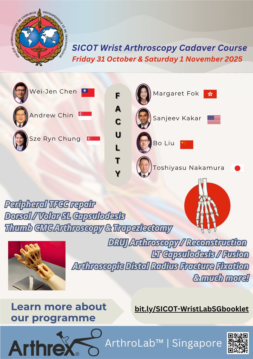 SICOTortho's tweet photo. ⏳ 6 weeks to go!

Join the SICOT Wrist Arthroscopy Cadaveric Course in Singapore  on 31 Oct &amp; 1 Nov 2025.

Expert-led lectures + hands-on cadaveric training in state-of-the-art labs.
Secure your place now: https://t.co/JGqjvXX4WI

#WristArthroscopy #Orthopaedics #CadaverLab https://t.co/cTG0Tt66wT