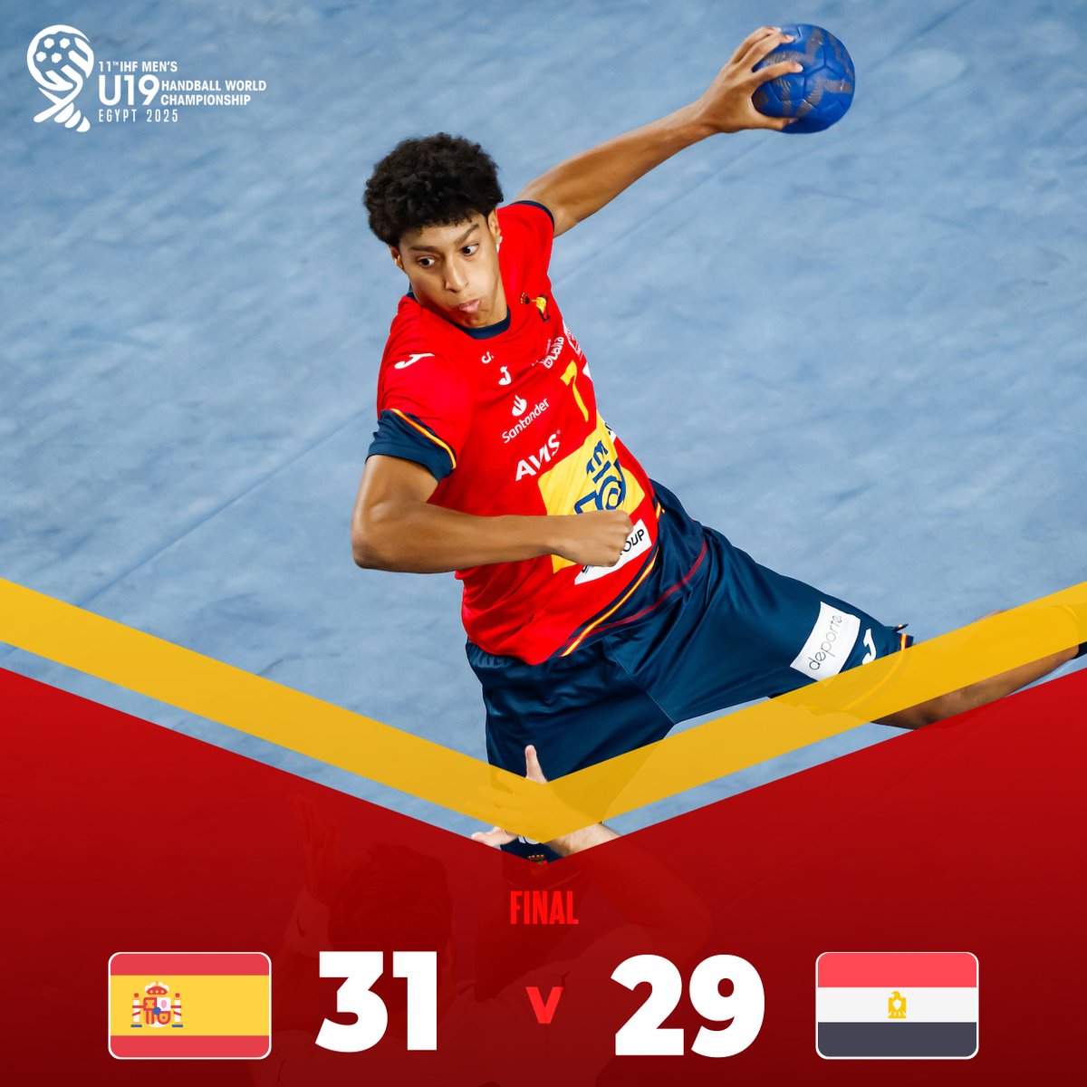 RFEBalonmano's tweet photo. 🏆 Campeonato del Mundo #Egypt2025 -#HispanosJuveniles

🏟 New Capital Sports Hall (El Cairo)
📍Semifinal

🆚  España 🇪🇸 3️⃣1️⃣ - 2⃣9⃣ 🇪🇬 Egipto
⏱ 60' | Final

✍️ Los #HispanosJuveniles se clasifican para semifinales y jugarán mañana contra Suecia https://t.co/xxdZlDcLo2