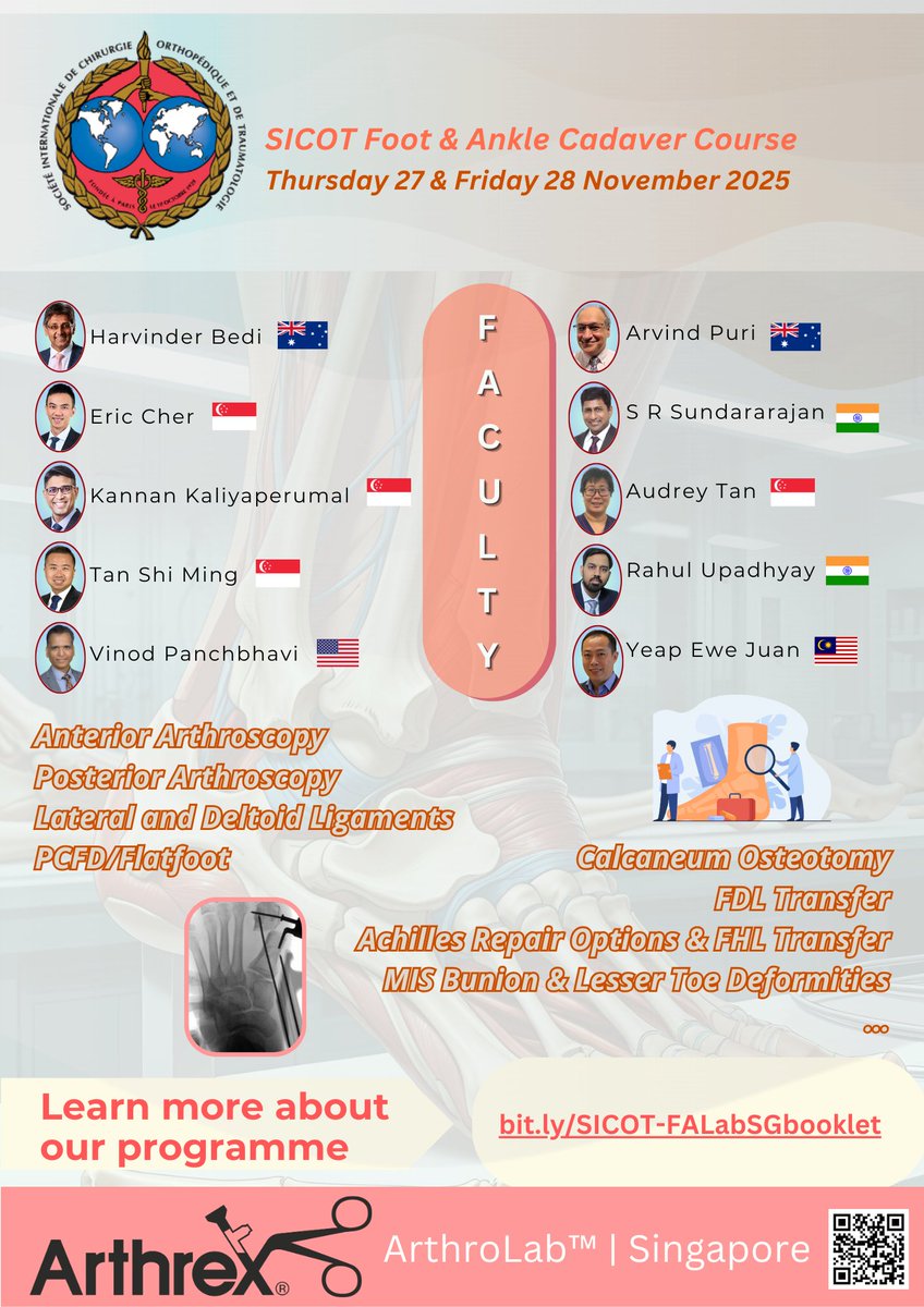 SICOTortho's tweet photo. 🦶 Advance your Foot &amp; Ankle surgery skills!
📍 Singapore | 27–28 Nov 2025

🔹 Expert-led teaching
🔹 Live demos
🔹 Hands-on cadaveric training

Register now: https://t.co/JGqjvXX4WI

#FootAndAnkle #Orthopaedics #CadaverLab https://t.co/lfp8M6IcDt