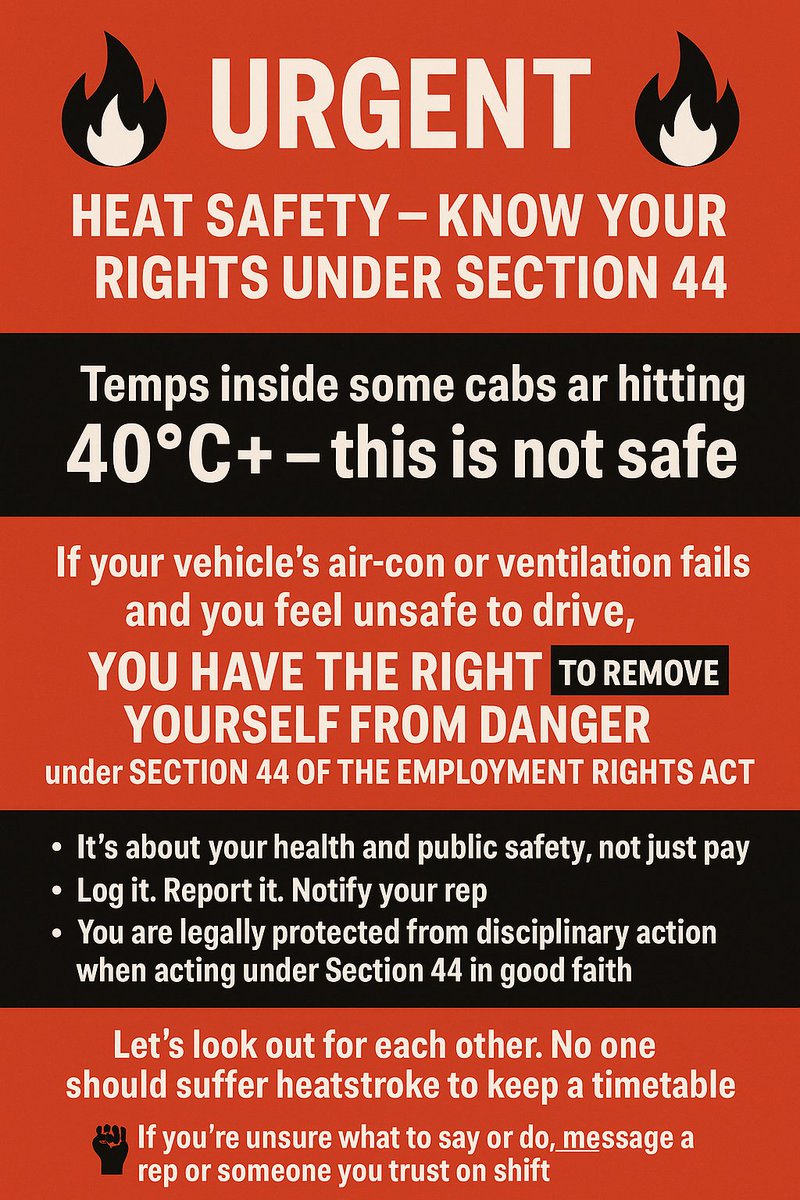 LeeOdams's tweet photo. 🔥 Bus drivers are working in 40°C+ cabs — no A/C, no airflow, no national protection.
Under Section 44, they can stop if it's unsafe.
This affects your safety too. Support your driver.
We need national standards now.
#BusDrivers #HeatSafety #Section44 https://t.co/PM6ewlgeHw