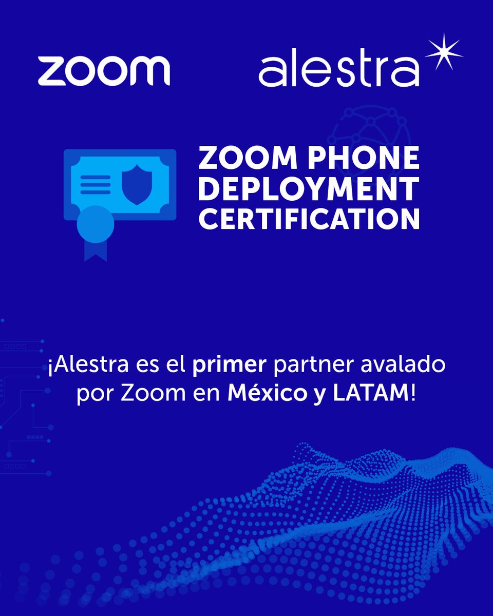 Alestra es el primer partner en México y LATAM avalado directamente por Zoom con la Zoom Phone Deployment Certification.

Este logro refleja nuestra capacidad para impulsar la transformación digital de las empresas.

#ZoomPhone #TecnologíaQueConectaTuVida