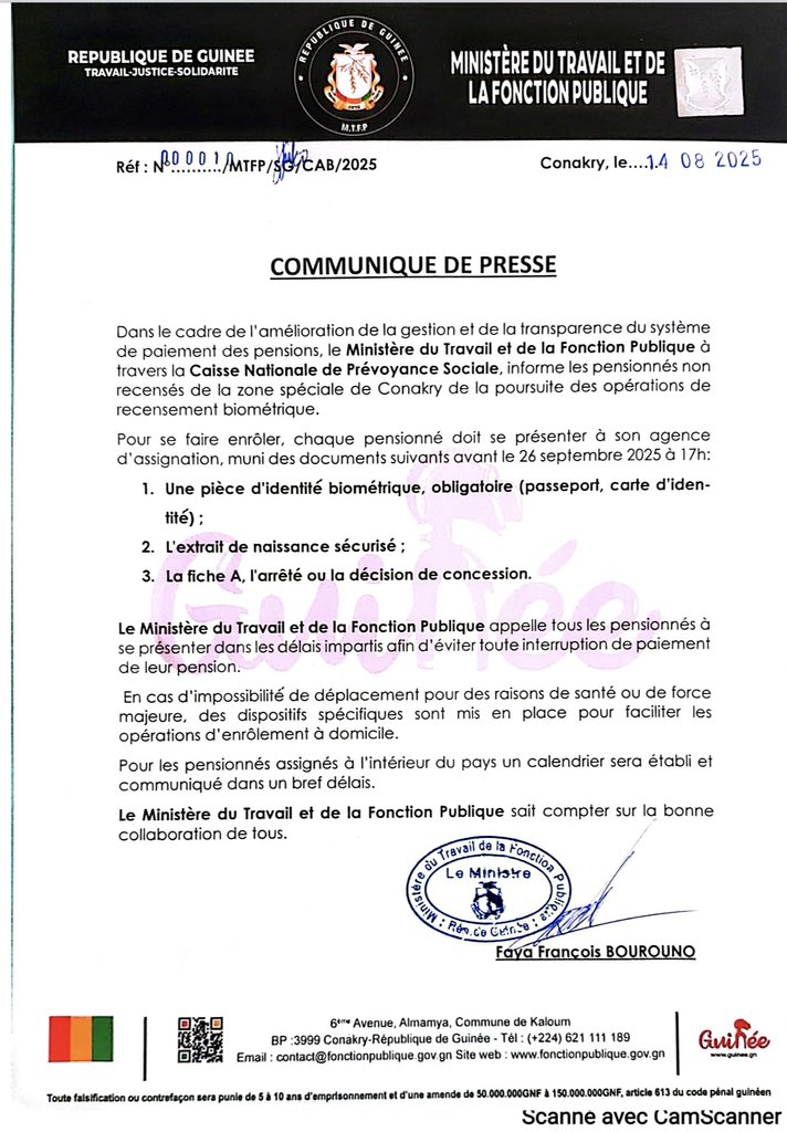 MTFP / Communiqué relatif à la poursuite du recensement biométrique des pensionnés à Conakry avant le 26 septembre 2025