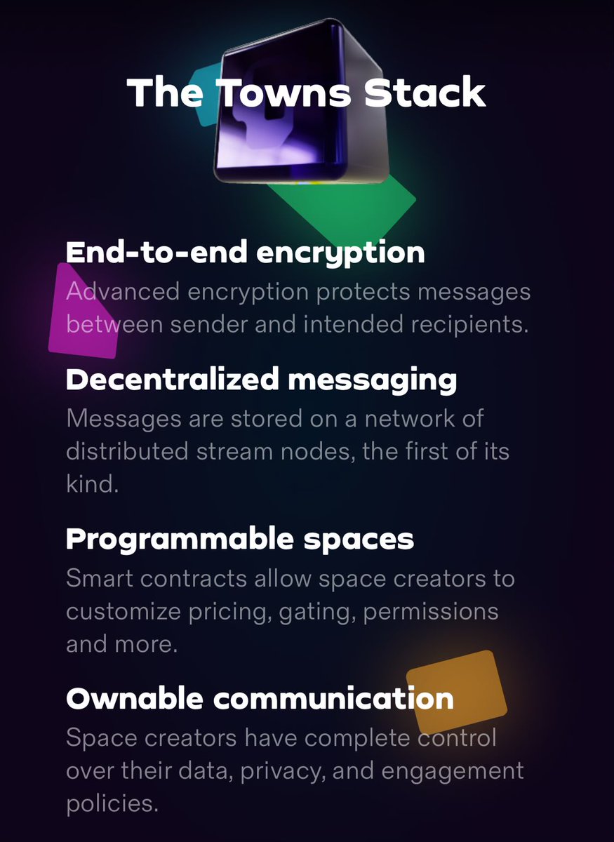 The Towns Stack featuring end-to-end encryption, decentralized messaging, programmable spaces, and ownable communication