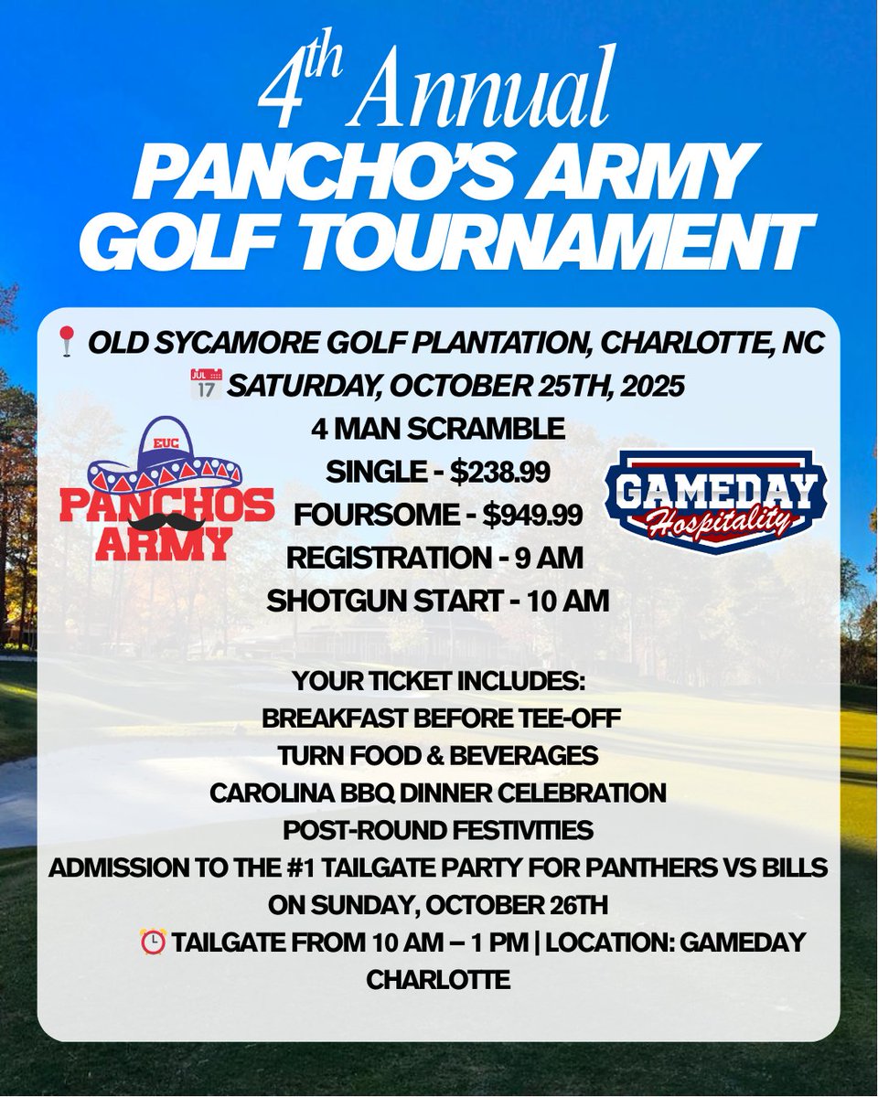 Panchos Army (@panchosarmybflo) on Twitter photo Tickets are now available for the #PanchosArmy annual golf tournament Sat 10/25/25:
tinyurl.com/PanchosArmy
Included: Golf, breakfast, lunch, BBQ dinner & admission to the <a href="/GamedayHosp/">Gameday Hospitality</a> tailgate for Bills VS Panthers!
Do not wait, the tournament sells out quickly every year! Tickets are now available for the #PanchosArmy annual golf tournament Sat 10/25/25:
tinyurl.com/PanchosArmy
Included: Golf, breakfast, lunch, BBQ dinner & admission to the <a href="/GamedayHosp/">Gameday Hospitality</a> tailgate for Bills VS Panthers!
Do not wait, the tournament sells out quickly every year!