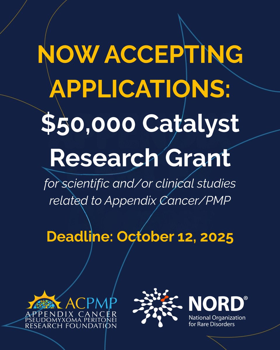 acpmpresearch's tweet image. ACPMP is proud to fund two $50K Catalyst Research Grants through the NORD #RareDisease Research Program.

These grants will support scientific and/or clinical research related to #AppendixCancer/PMP 

Apps due: October 12, 2025
rarediseases.org/advancing.../r…
