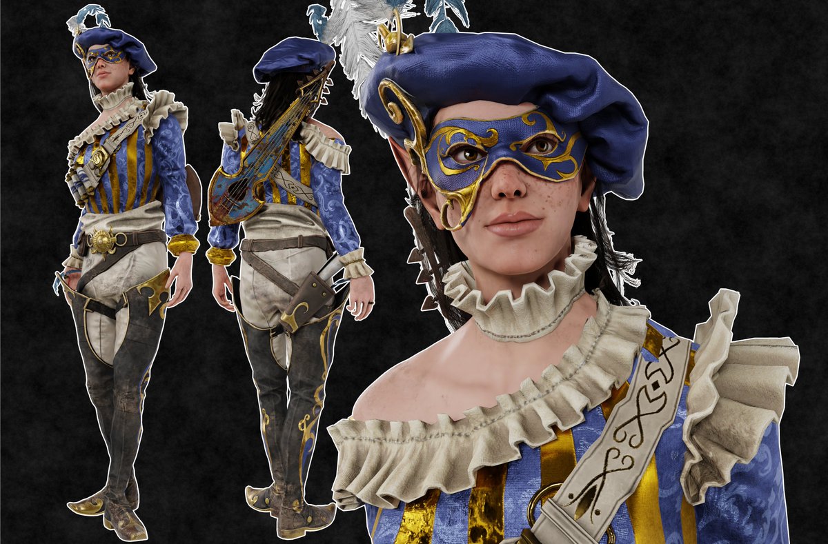 Springey_'s tweet image. Masquerade Recolor for Aestri Yazar!
Used her Tale From The Sea Torso to make it! Hat and Legs are unedited from Baemar&apos;s since their outfits are mix and matchable! (I did move the hat around the ear so it doesn&apos;t clip for the render)