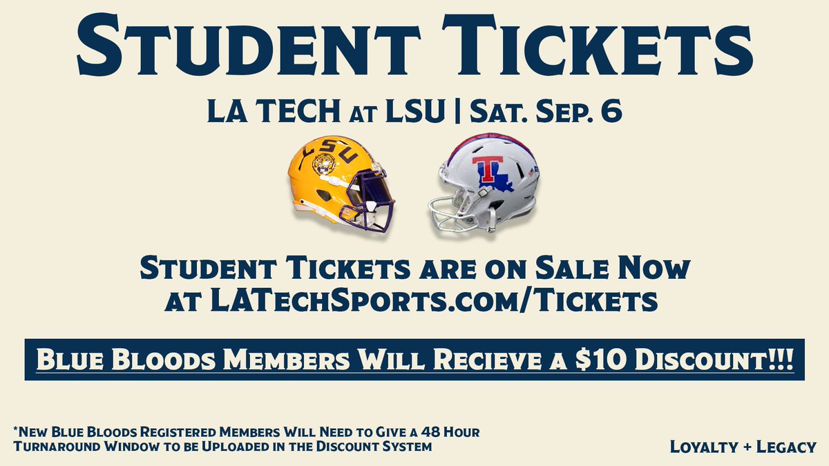 Blue Bloods!

Head to LATechSports.com/StudentTickets to grab your discounted LA Tech vs. LSU football tickets! 

Not a member? Get registered and wrack up the benefits. 

👉 | bit.ly/BlueBloodsLT