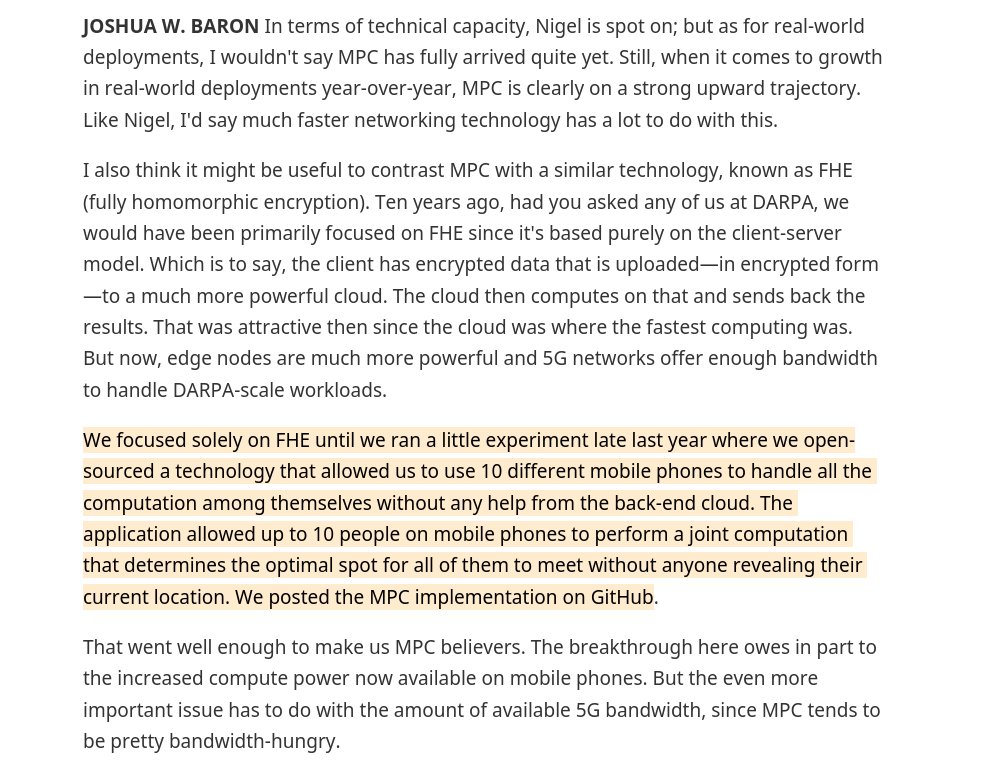 Hilarious how crypto (as in Web3, magical internet money crypto) hasn't caught up but crypto (graphy) is already using MPC everywhere