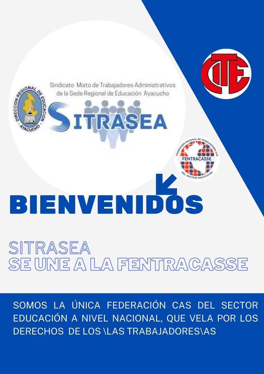 💪🏼 El Sindicato Mixto de Trabajadores Administrativos de la Sede Regional de Ayacucho ya está con la FENTRACASSE ✊🏼 y la CITE PERÚ 🇵🇪

☝🏼Si eres CAS del sector educación, comunícate con nosotros.

📣 No te dejes sorprender por otros. Nosotros si luchamos por el sector educación