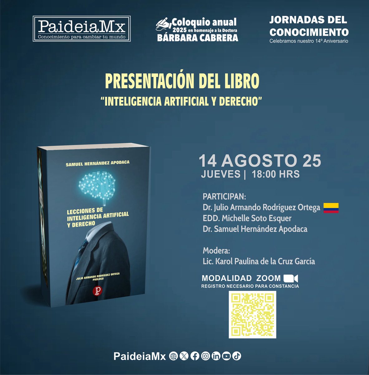 Te invitamos a las “Jornadas del Conocimiento” y participar en la Presentación del libro: “Inteligencia artificial y derecho”
 
🎟 El registro es gratuito, pero necesario para obtener constancia de participación.
 👉 Regístrate aquí forms.gle/7tntFeX1fsFsWX…