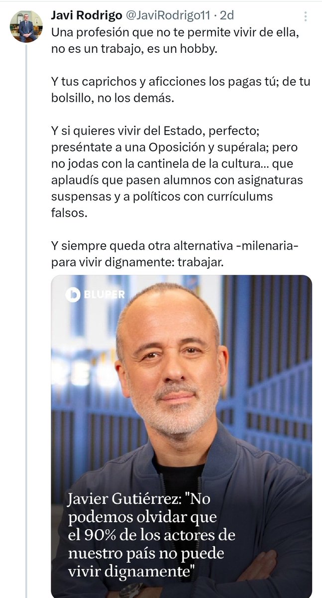 Este tipo se denomina "divulgador cultural" y no puede haber más desprecio a la cultura en su post. No solo ofende al 90% de mi gremio, sino a la gente que no puede vivir dignamente de su oficio. Para él, si no vives de tu trabajo, no es trabajo. Lo de Van Gogh? Un hobby🤦