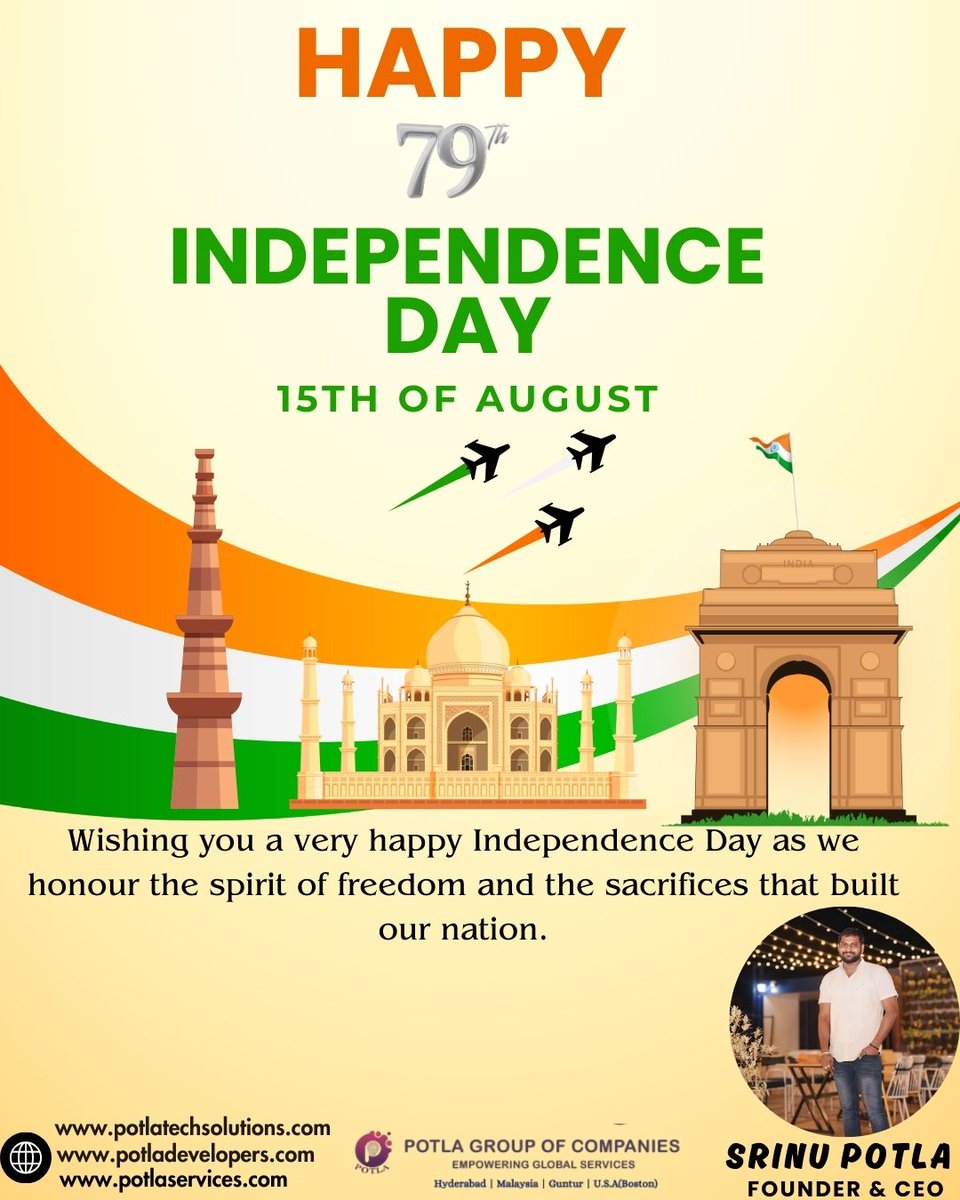 Potla_group's tweet photo. 🇮🇳 Celebrating the 79th Independence Day with pride, unity, and gratitude.
Let’s honour the courage, sacrifices, and dreams that built our great nation.
Jai Hind! ✨💚🤍🧡
#IndependenceDay #IndiaAt79 #JaiHind #ProudIndian #VandeMataram #Freedom #IndianIndependenceDay #Tricolor https://t.co/RXfcHM8v2n