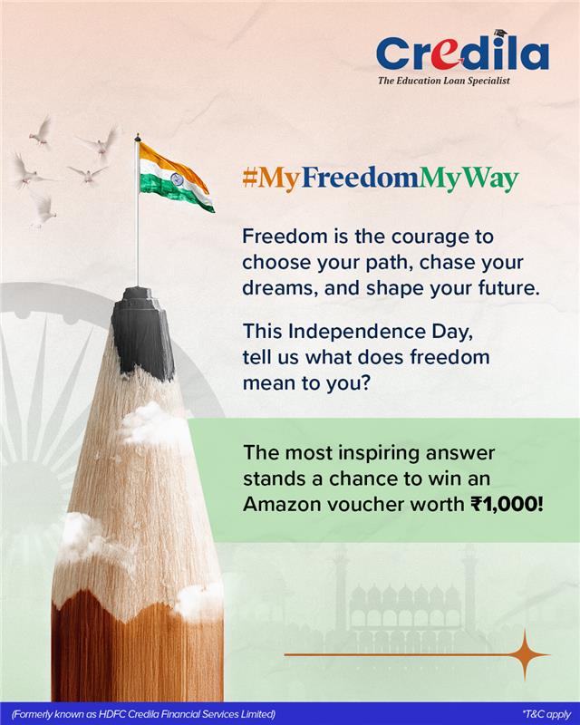 Freedom = Your rules, your dreams, your way!
This Independence Day, define freedom in your own words! Share your thoughts and you could win exciting rewards.

#MyFreedomMyWay #IndependenceDay #ContestAlert #Credila #EducationLoan #StudentLoan #StudyAbroad #HigherEducation