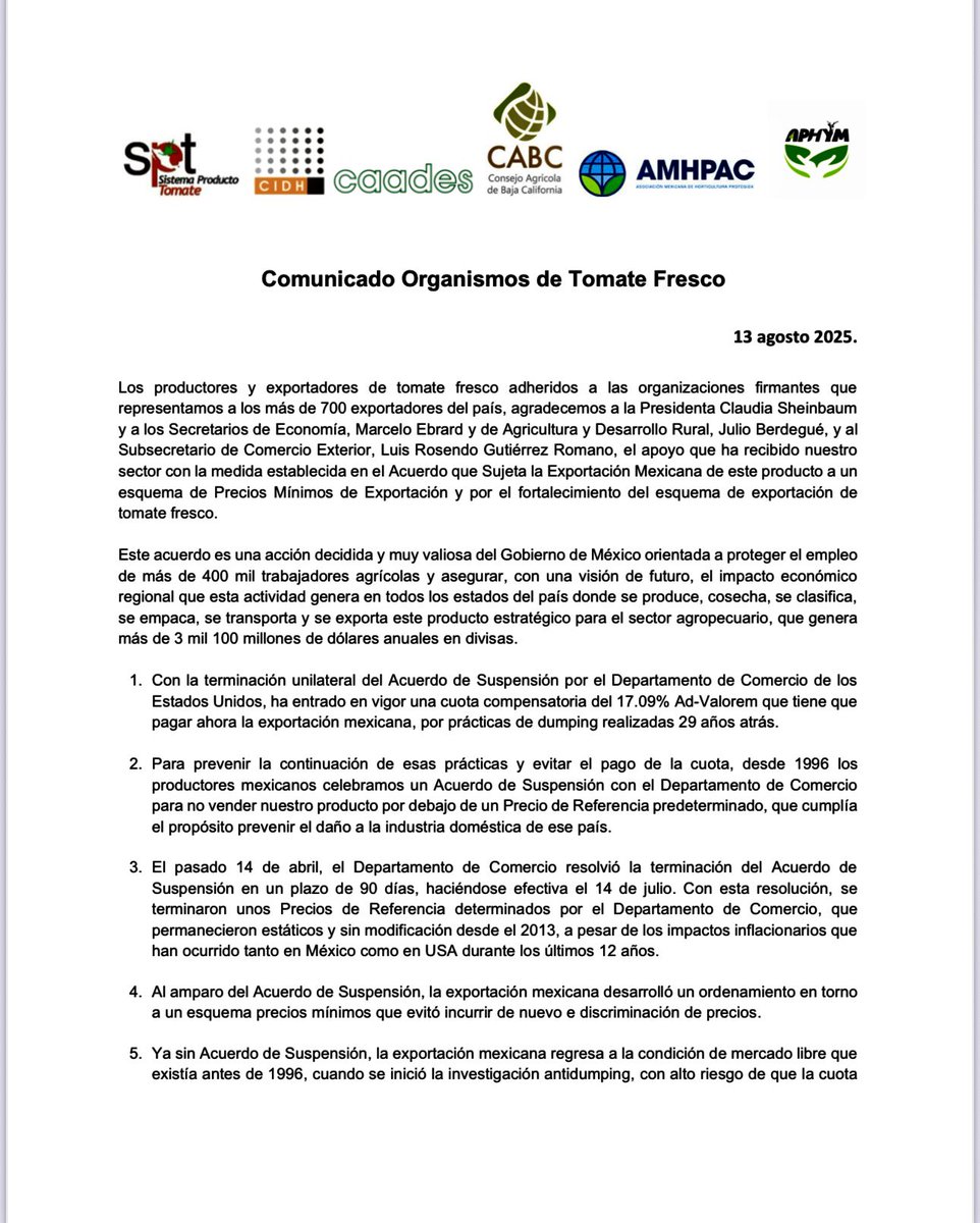 APHYM2's tweet image. Agradecemos el apoyo de nuestras autoridades mexicanas, unid@s tod@s, defendiendo el sector #TomateMexicano  

@Claudiashein @GobiernoMX 
@JulioBerdegue @Agricultura_mex 
@m_ebrard @SecretariaE 
@LuisRosendo_ SubsecretarioComercioExterior

@CABC_MX @CaadesSinaloa @AMHPAC_Oficial