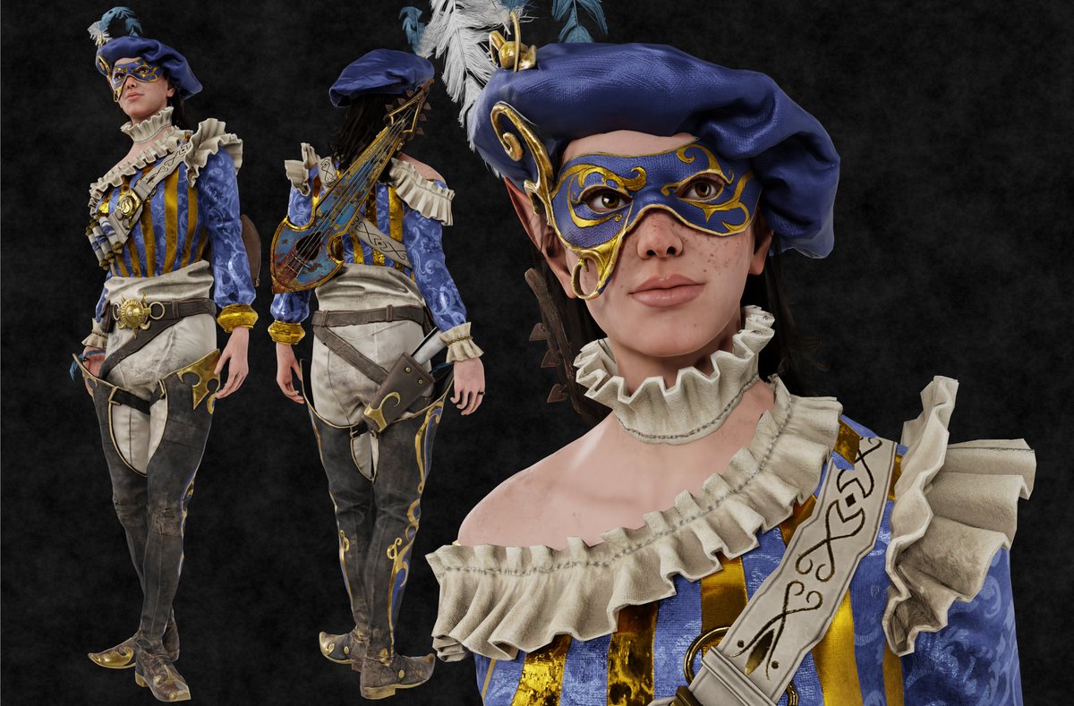 Springey_'s tweet image. Masquerade Recolor for Aestri Yazar!
Used her Tale From The Sea Torso to make it! Hat and Legs are unedited from Baemar&apos;s since their outfits are mix and matchable! (I did move the hat around the ear so it doesn&apos;t clip for the render)
