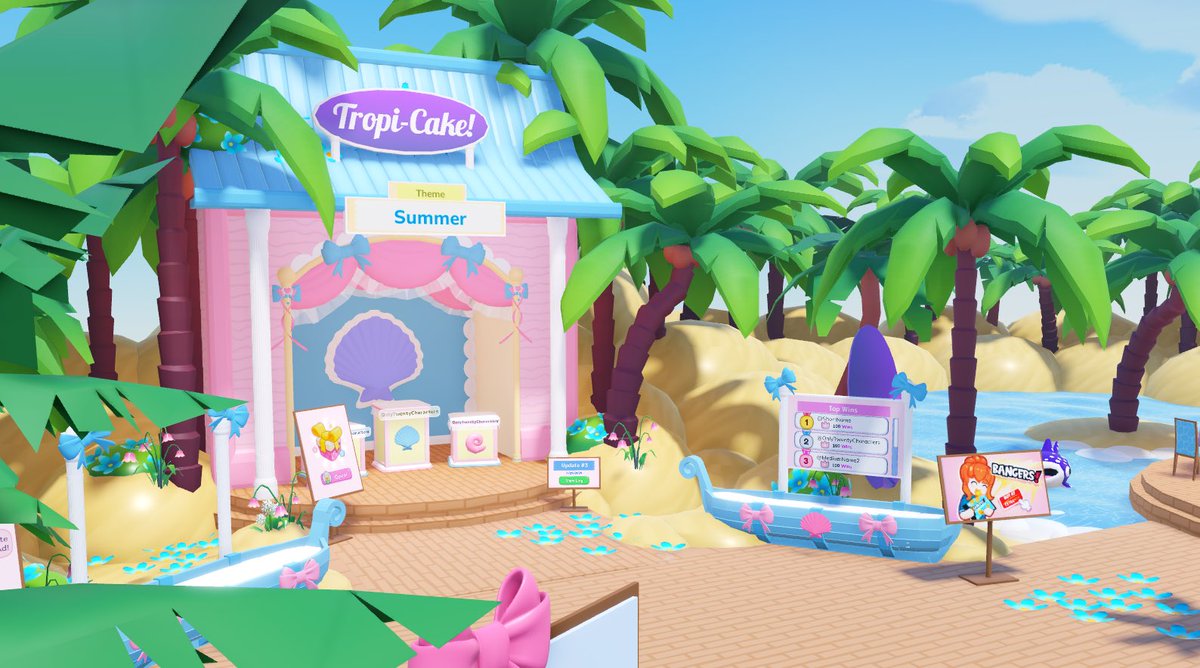 CakeOffRBLX's tweet photo. TROPI-CAKE OUT NOW! 🌴

A whole new map, a new Prize Track, leaderboards, starter pack increase, new shop rotations, a new soundtrack and MORE!

We worked hard for this one, bakers! ☀️ 
Redeem TROPICAKE1 for currency, and find the two other codes in our server! 🌺 https://t.co/3rWDQNBYka